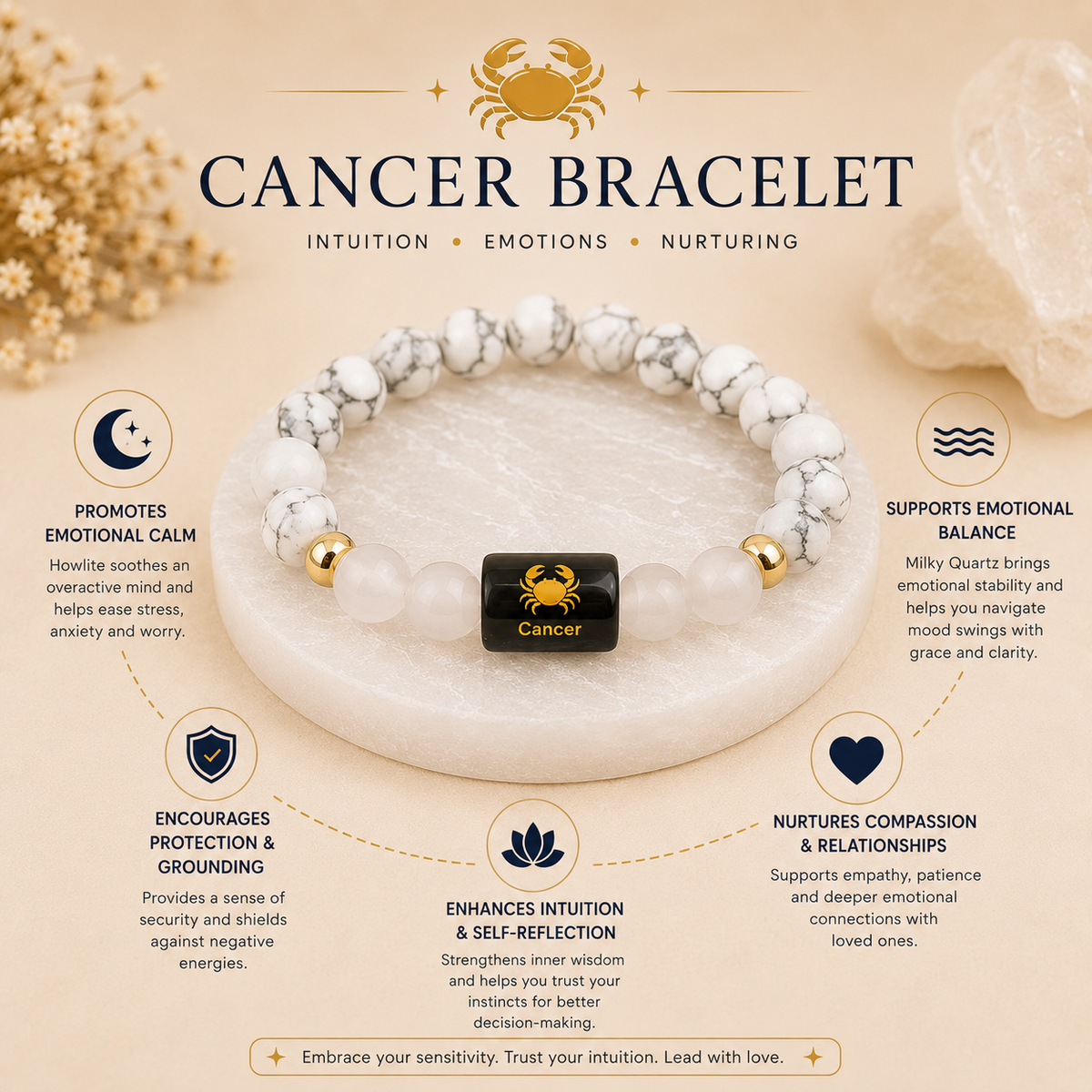 Cancer (कर्क राशि) Zodiac Howlite & Milky Quartz Bracelet