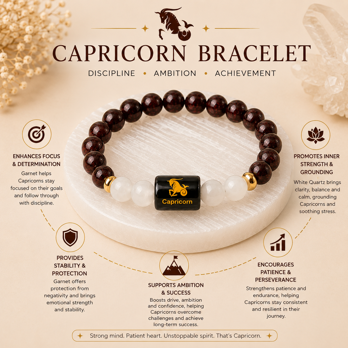 Capricorn (मकर राशि) Zodiac Garnet & Milky Quartz Bracelet