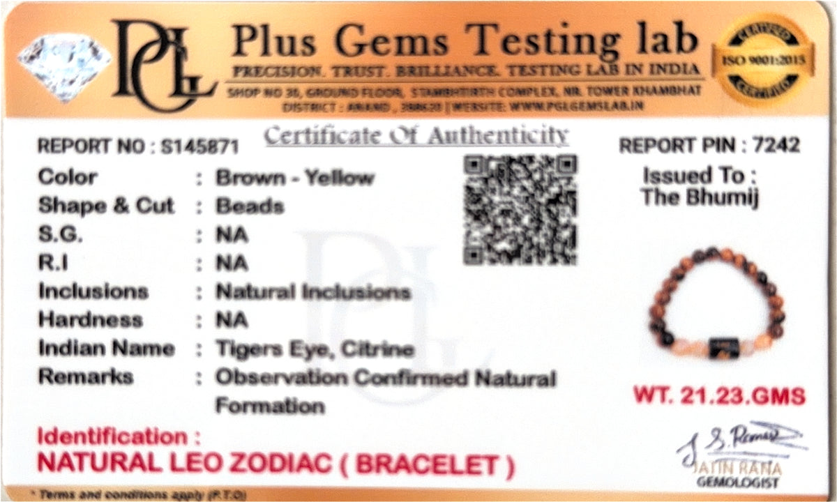Leo (सिंह राशि) Zodiac Tiger Eye & Citrine Bracelet