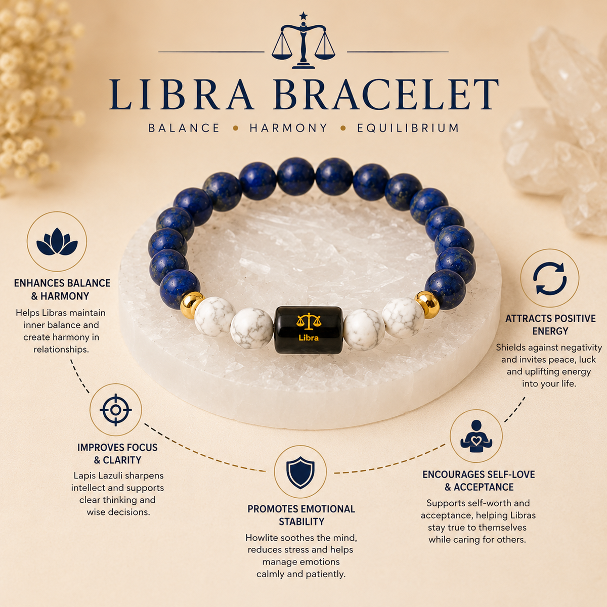 Libra (तुला राशि) Zodiac Lapis Lazuli & Howlite Bracelet