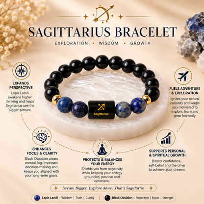 Sagittarius (धनु राशि) Zodiac Black Obsidian & Lapis Lazuli Bracelet