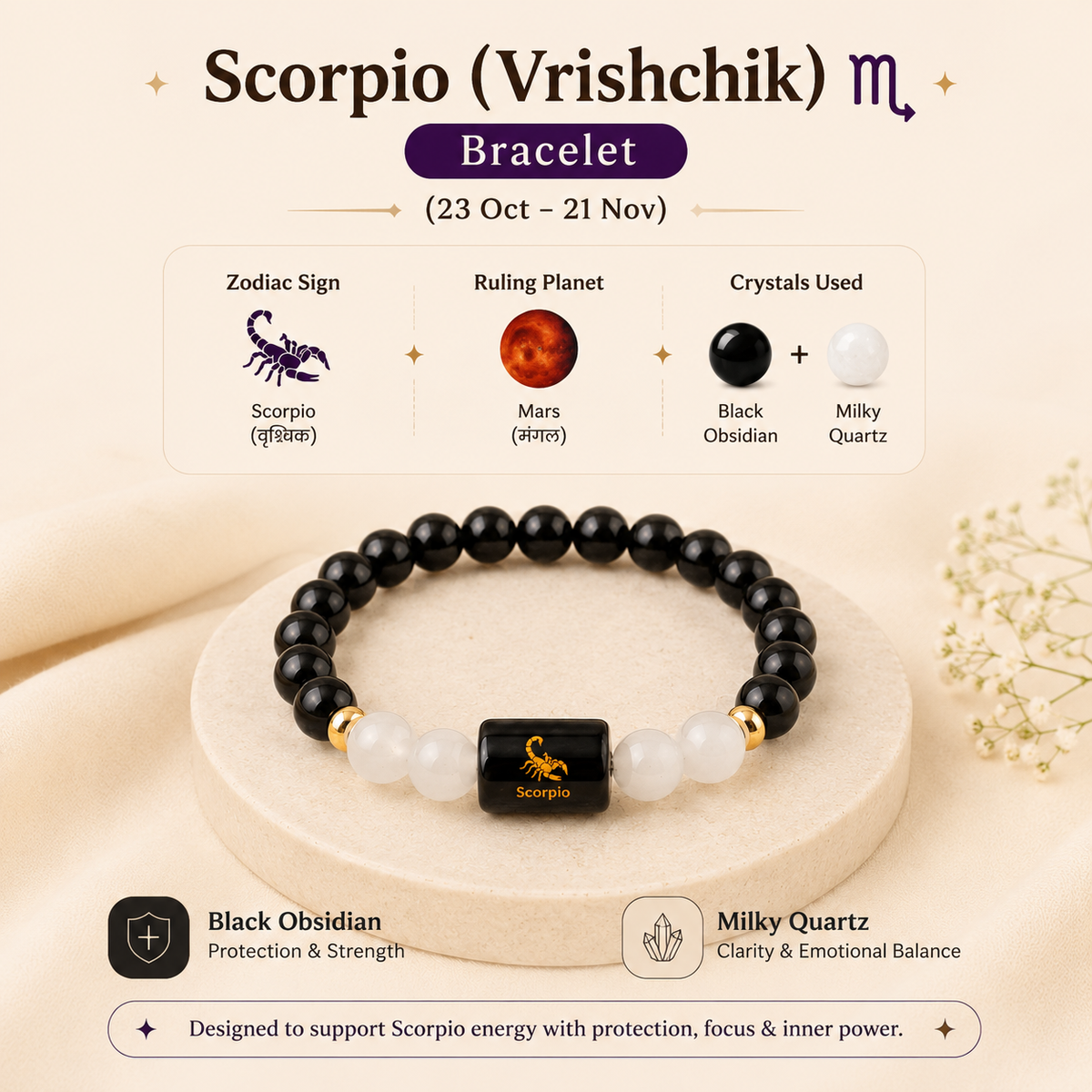 Scorpio (वृश्चिक राशि) Zodiac Black Obsidian & Milky Quartz Bracelet