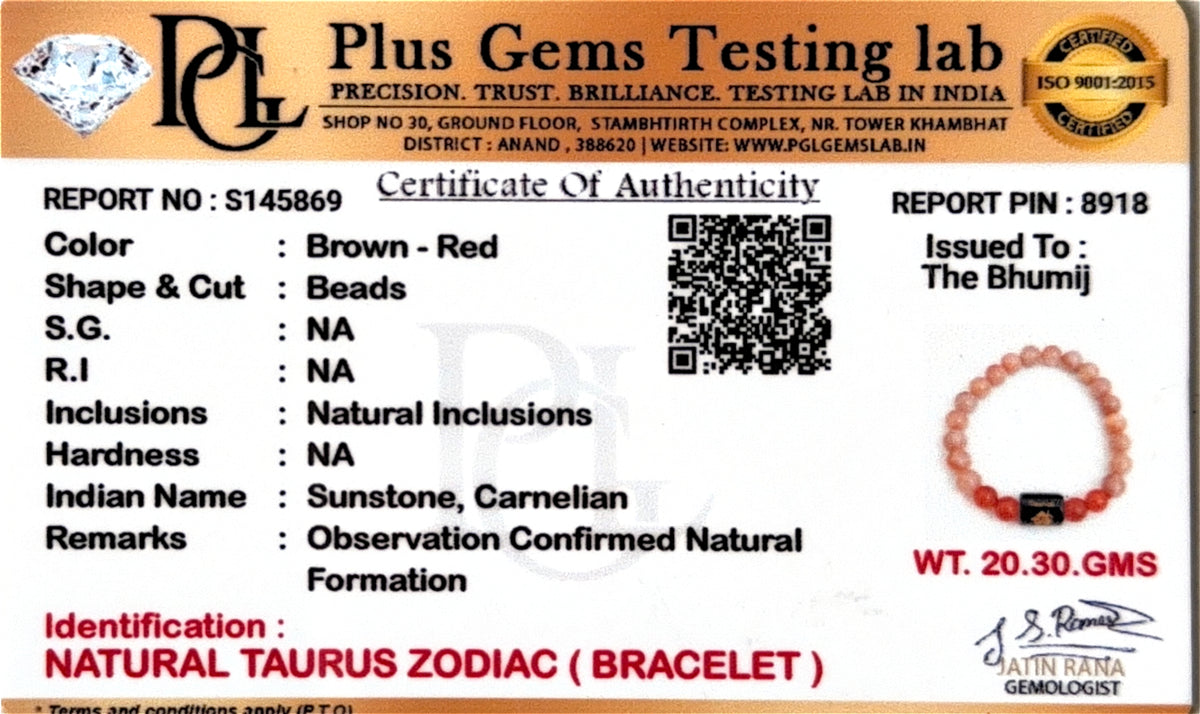 Taurus (वृषभ राशि) Zodiac Sunstone & Carnelian Bracelet
