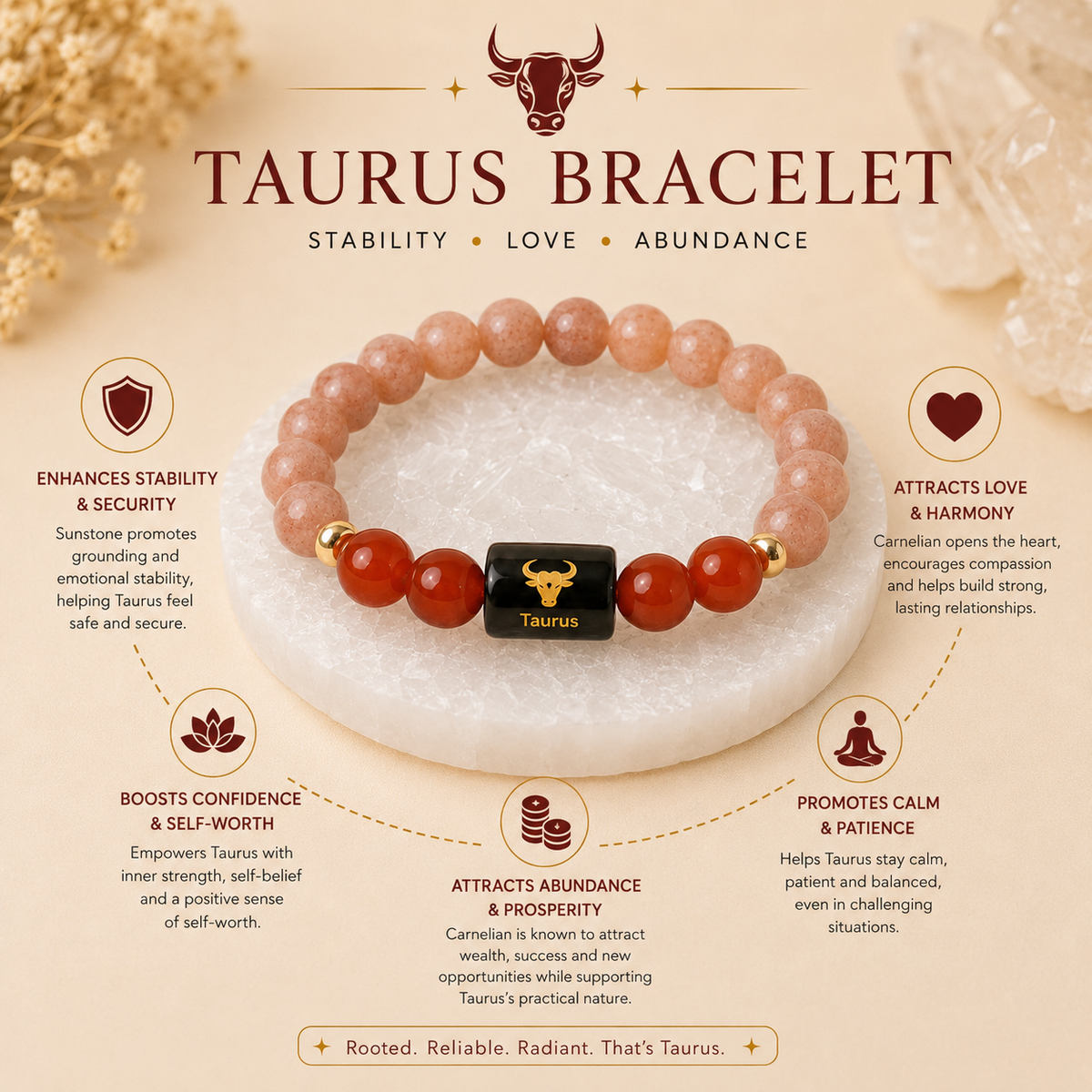 Taurus (वृषभ राशि) Zodiac Sunstone & Carnelian Bracelet